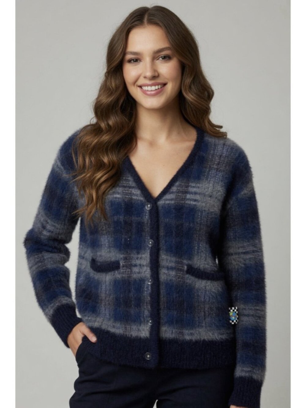 New Unif Ty Fuzzy Blue Black Plaid Button Sweater Cardigan Jacket